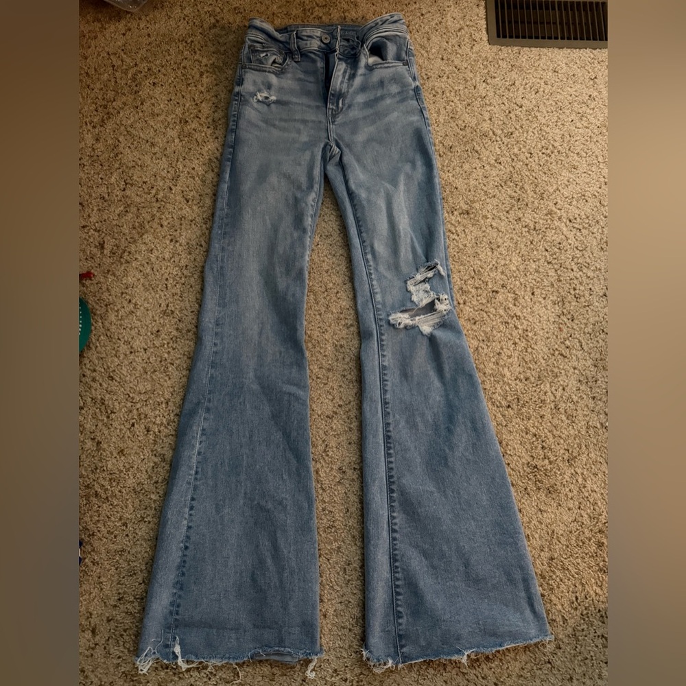 AE size 2 Tall, High Rise Flare Women's Distressed Blue Jeans